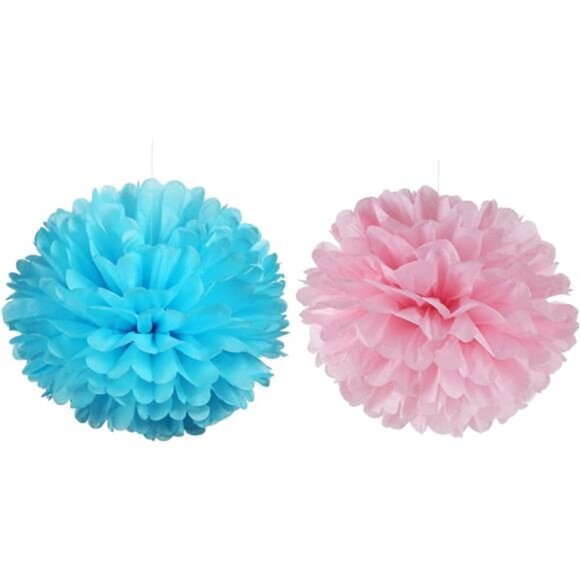 14" Pink & Blue Tissue Pom Poms Kit DIY Decorative Paper Flowers for Baby Shower - Picture 4 of 5
